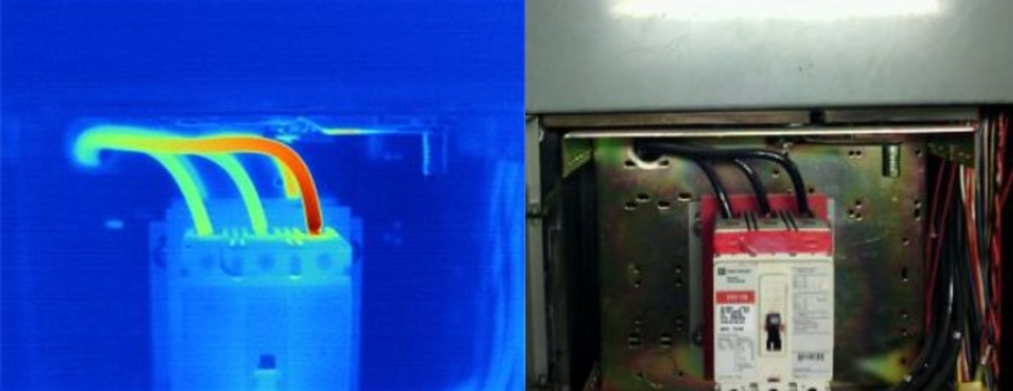 Infrared and visible-light comparison of electrical equipment showing elevated temperatures